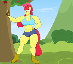 Size: 4030x3574 | Tagged: safe, alternate version, artist:matchstickman, imported from derpibooru, apple bloom, anthro, earth pony, plantigrade anthro, abs, apple, apple bloom's bow, apple brawn, apple tree, armpits, biceps, boots, bow, breasts, busty apple bloom, clothes, deltoids, female, fingerless gloves, gloves, hair bow, hand on hip, jeans, looking at you, mare, matchstickman's apple brawn series, midriff, muscles, muscular female, no dialogue, older, older apple bloom, pants, pecs, shoes, short jeans, solo, sports bra, sweet apple acres, thighs, thunder thighs, tree