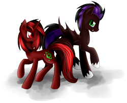 Size: 2400x1950 | Tagged: safe, artist:mufflinka, imported from derpibooru, oc, oc only, oc:anzu, oc:fuego, bat pony, unicorn, bat pony oc, bat wings, horn, red and black mane, red and black oc, red eyes, simple background, transparent background, unicorn oc, wings