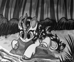 Size: 6000x5000 | Tagged: safe, artist:lavenderheartsmlp, imported from derpibooru, autumn blaze, kirin, absurd resolution, female, forest, mare, monochrome, rock, signature, smiling, solo, water