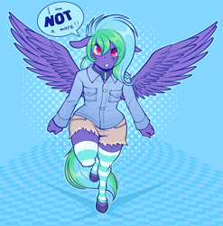Size: 1973x2000 | Tagged: safe, artist:melangetic, imported from derpibooru, oc, oc only, oc:weldbead, anthro, pegasus, unguligrade anthro, anthro oc, clothes, collar, crossdressing, cute, femboy, male, no source available, pouting, shorts, simple background, socks, solo, stallion, striped socks, thigh highs, thighs, thunder thighs, trap