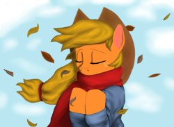 Size: 1334x976 | Tagged: safe, artist:stevethebrony, imported from derpibooru, applejack, pony, applejack's hat, autumn, clothes, cloud, cowboy hat, eyes closed, falling leaves, female, hat, leaves, redraw, scarf, shirt, sky, solo, wind