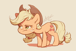 Size: 1200x805 | Tagged: safe, artist:assasinmonkey, imported from derpibooru, applejack, earth pony, pony, applejack is not amused, chibi, cowboy hat, cute, female, hat, jackabetes, mare, simple background, solo, tan background, unamused