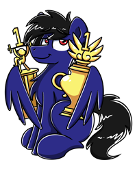 Size: 2048x2560 | Tagged: safe, artist:sugar morning, imported from derpibooru, oc, oc only, oc:jet black, pegasus, pony, colored, commission, holding, male, simple background, sitting, smiling, smug, transparent background, trophy