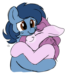 Size: 655x738 | Tagged: safe, artist:teabucket, imported from derpibooru, oc, oc only, oc:huckleberry bleu, oc:mulberry tart, earth pony, pony, unicorn, bleuberry, female, hug, male, mare, oc x oc, shipping, snuggling, stallion, straight