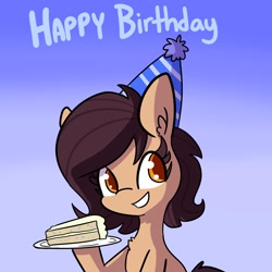 Size: 2250x2250 | Tagged: safe, artist:tjpones, imported from derpibooru, oc, oc only, oc:lockheart, earth pony, pony, birthday cake, cake, chest fluff, female, food, gradient background, hat, mare, party hat, solo