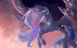 Size: 2560x1600 | Tagged: safe, artist:equum_amici, artist:gianghanz, imported from derpibooru, princess luna, alicorn, pony, animated, cinemagraph, female, flying, gif, jewelry, no sound, runes, scenery, smiling, solo, too big for derpibooru, webm, wing jewelry