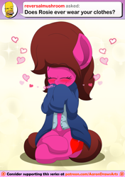Size: 3600x5100 | Tagged: safe, artist:aarondrawsarts, imported from derpibooru, oc, oc:rose bloom, earth pony, ask brain teaser, blushing, clothes, crossover, female, happy, heart, homer simpson, shirt, sniffing, tumblr