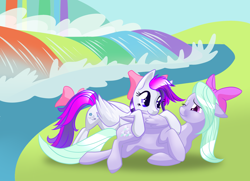 Size: 3000x2167 | Tagged: safe, artist:varaann, imported from derpibooru, flitter, oc, oc:gale force, earth pony, pegasus, pony, canon x oc, duo, female, lesbian, mare, nibbling, rainbow waterfall, shipping