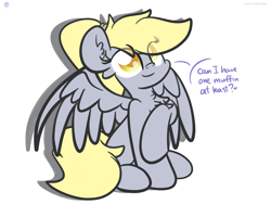 Size: 2560x1920 | Tagged: dead source, safe, artist:kimjoman, artist:php142, imported from derpibooru, derpy hooves, pegasus, pony, alternate hairstyle, chest fluff, colored pupils, cute, derpabetes, dialogue, female, mare, muffin, ponytail, sitting, solo, speech bubble, spread wings, text, that pony sure does love muffins, wings