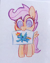 Size: 1200x1505 | Tagged: safe, artist:dawnfire, imported from derpibooru, rainbow dash, scootaloo, pegasus, pony, colored pencil drawing, cute, cutealoo, drawing, female, filly, mouth hold, no catchlights, no pupils, simple background, solo, traditional art, white background