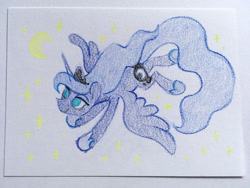 Size: 1500x1125 | Tagged: safe, artist:dawnfire, imported from derpibooru, princess luna, alicorn, pony, crayon, crayon drawing, female, flying, jewelry, moon, regalia, simple background, solo, stars, traditional art, white background