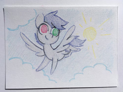 Size: 1500x1125 | Tagged: safe, artist:dawnfire, imported from derpibooru, oc, oc only, pegasus, pony, cloud, heterochromia, solo, sun, traditional art