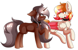 Size: 5040x3240 | Tagged: safe, artist:prism(not colourful), artist:xprismxx, imported from derpibooru, oc, oc only, oc:cinnamon sugar, oc:ruby halo, pegasus, pony, unicorn, female, flower, high res, mare, mouth hold, one eye closed, rose, simple background, transparent background, wink