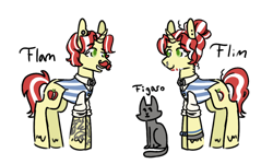 Size: 976x584 | Tagged: safe, artist:ask-pinkie-polkadot-pie, imported from derpibooru, flam, flim, cat, pony, tumblr:ask-pinkie-polkadot-pie, alternate hairstyle, flim flam brothers, long ears, simple background, tattoo, transparent background