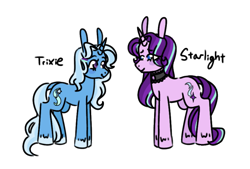 Size: 839x568 | Tagged: safe, artist:ask-pinkie-polkadot-pie, imported from derpibooru, starlight glimmer, trixie, pony, tumblr:ask-pinkie-polkadot-pie, implied death, long ears, simple background, story included, transparent background