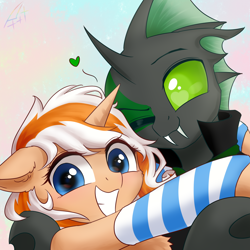 Size: 3000x3000 | Tagged: safe, artist:astery, derpibooru exclusive, imported from derpibooru, oc, oc only, oc:accurate balance, oc:utopia, changeling, pony, unicorn, accopia, commission, cuddling, cute, duo, green changeling, grin, heart eyes, looking at you, one eye closed, selfie, simple background, smiling, sparkling eyes, sparkly eyes, two toned background, two toned mane, two-tone background, wingding eyes, wink