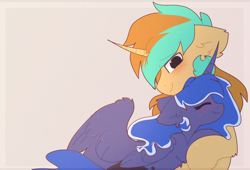 Size: 1518x1032 | Tagged: safe, artist:little-sketches, artist:php146, imported from derpibooru, princess luna, oc, oc:demi, oc:demiurgic theory, alicorn, unicorn, blushing, canon x oc, couple, cuddling, cute, daaaaaaaaaaaw, duo, female, floppy ears, fluffy, happy, hnnng, hug, love, male, precious, shipping, simple background, size difference, smiling, snuggling, straight, sweet dreams fuel, weapons-grade cute, wholesome