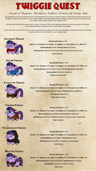 Size: 1920x3400 | Tagged: safe, artist:velgarn, imported from derpibooru, twilight sparkle, unicorn, adventurer, alchemist, armor, bag, cloak, clothes, combatant, crossover, fantasy class, female, fighter, fur mantle, glasses, goggles, hero quest, mare, parody, potion, rogue, saddle bag, scarf, silly, spell caster, style emulation, tabletop game, tinkerer, twiggie, twiggie quest, unicorn twilight, wildling, wizard