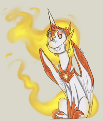 Size: 850x1000 | Tagged: safe, artist:sinrar, imported from derpibooru, daybreaker, alicorn, pony, colored sketch, fangs, female, looking at you, mane of fire, sharp teeth, simple background, sitting, sketch, smiling, solo, tan background, teeth