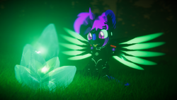 Size: 3840x2160 | Tagged: safe, artist:phoenixtm, imported from derpibooru, oc, oc:phoenix stardash, cyborg, dracony, dragon, hybrid, pony, 3d, crystal, cute, dracony alicorn, glow, glowing, glowing crystals, happy, spread wings, unity (game engine), weapons-grade cute, wings