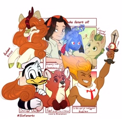 Size: 2100x2100 | Tagged: safe, artist:sadelinav, imported from derpibooru, autumn blaze, carrot crunch, anthro, bird, duck, fox, human, kirin, six fanarts, amidamaru, anthro with ponies, crossover, donald duck, female, hat, rubilax, sailor uniform, shaman king, sir percedal, smiling, sword, the fox and the hound, tod, uniform, weapon, yoh asakura