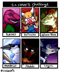 Size: 720x864 | Tagged: safe, artist:creatturesz, imported from derpibooru, autumn blaze, anthro, bird, dinosaur, kirin, red panda, wolf, six fanarts, aggretsuko, angry, animatronic, anthro with ponies, barney, barney the dinosaur, beastars, bust, crossover, devil horn (gesture), female, five nights at freddy's, freddy fazbear, legosi (beastars), male, mordecai, open mouth, regular show, retsuko, sanrio, smiling, sunglasses, white eyes