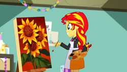 Size: 1280x720 | Tagged: safe, imported from derpibooru, screencap, sunset shimmer, eqg summertime shorts, equestria girls, the art of friendship, female, flower, grin, happy, paint, painting, smiling, sunflower, sunset's painting