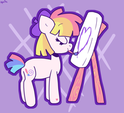 Size: 1966x1802 | Tagged: safe, artist:spritecranbirdie, imported from derpibooru, toola roola, earth pony, pony, canvas, cute, cutie mark, eyes closed, female, g3, heart, mare, mouth hold, paintbrush, painting, profile, roolabetes, simple background, solo