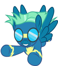 Size: 1000x1124 | Tagged: safe, artist:mantisprayer, imported from derpibooru, sky stinger, pegasus, pony, clothes, flying, goggles, male, simple background, smiling, solo, stallion, transparent background, uniform, wonderbolts uniform