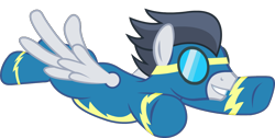 Size: 1438x726 | Tagged: safe, artist:mantisprayer, imported from derpibooru, rumble, pegasus, pony, clothes, flying, goggles, male, older, older rumble, simple background, smiling, solo, stallion, transparent background, uniform, vector, wonderbolts uniform