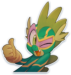 Size: 482x512 | Tagged: dead source, safe, artist:sartf, imported from derpibooru, spike, clothes, costume, crossover, kick-ass, male, one eye closed, simple background, solo, sticker, superhero, thumbs up, transparent background, wink