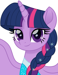 Size: 1159x1500 | Tagged: safe, artist:cloudy glow, artist:cloudyglow, imported from derpibooru, twilight sparkle, alicorn, pony, alternate hairstyle, braid, bust, crossover, disney, elsa, eyeshadow, female, frozen (movie), looking at you, makeup, mare, movie accurate, simple background, solo, twilight sparkle (alicorn), white background