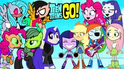 Size: 1280x720 | Tagged: artist needed, safe, imported from derpibooru, applejack, fluttershy, pinkie pie, rainbow dash, rarity, twilight sparkle, cyborg, earth pony, pegasus, pony, unicorn, equestria girls, beast boy, blackfire, humane five, humane six, jinx (dc comics), jinx (teen titans), ponified, raven (dc comics), raven (teen titans), robin, rose wilson, starfire, teen titans go, terra (dc comics), terra (teen titans)