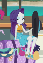 Size: 738x1080 | Tagged: safe, imported from derpibooru, screencap, pinkie pie, rarity, equestria girls, equestria girls series, the salty sails, animated, bikini, clothes, cropped, crossed legs, feet, female, flip-flops, gif, hat, legs, rarity's blue sarong, sandals, sarong, sexy, sun hat, swimsuit, two-piece swimsuit
