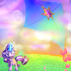 Size: 1200x1200 | Tagged: safe, artist:toubabo, imported from derpibooru, starlight glimmer, pony, unicorn, female, full moon, glowing horn, hill, horn, kite, kite flying, magic, mare, mare in the moon, moon, no more ponies at source, smiling, solo, telekinesis, that pony sure does love kites, twilight (astronomy)
