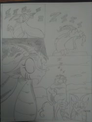 Size: 1944x2592 | Tagged: safe, artist:princebluemoon3, imported from derpibooru, cosmos (character), discord, oc, draconequus, comic:the chaos within us, black and white, cackling, canterlot, canterlot castle, captive, chaos, comic, commissioner:bigonionbean, confused, cosmos, dialogue, drawing, dream, female, giantess, grayscale, macro, magic, monochrome, night, nightmare, shocked, shocked expression, sleeping, throne room, traditional art, twitch, writer:bigonionbean