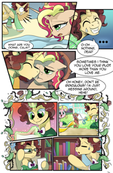 Size: 1800x2740 | Tagged: safe, artist:candyclumsy, imported from derpibooru, oc, oc:king calm merriment, oc:queen motherly morning, alicorn, crystal pony, pony, comic:of flanks and foolery, alicorn oc, alicorn princess, annoyed, bed, bedroom, bookshelf, bowtie, busy, castle, clothes, comic, commissioner:bigonionbean, crystal empire, cutie mark, drowsy, embarrassed, female, flank, fusion, fusion:applejack, fusion:cheese sandwich, fusion:donut joe, fusion:fancypants, fusion:king calm merriment, fusion:pinkie pie, fusion:queen motherly morning, fusion:rainbow dash, fusion:soarin', fusion:sunset shimmer, glasses, horn, husband and wife, kissing, magic, male, mare, mirror, morning, nuzzles, nuzzling, plot, quill pen, random pony, reading, ribbon, scissors, shocked, stallion, sweat, sweating profusely, tired, unkempt mane, waking up, writer:bigonionbean, writing