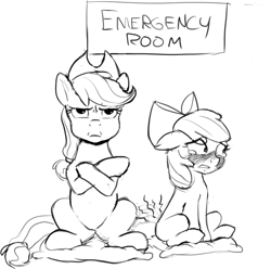 Size: 1320x1309 | Tagged: safe, artist:crade, imported from derpibooru, apple bloom, applejack, earth pony, pony, angry, apple bloom's bow, applejack is not amused, applejack's hat, blushing, bow, cowboy hat, crossed arms, crying, female, filly, frown, hair bow, hat, literal butthurt, mare, mistakes were made, monochrome, pain, pillow, sitting, tears of pain, this ended in pain, this ended in tears, unamused