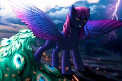 Size: 1280x855 | Tagged: safe, artist:blueshooter, imported from derpibooru, oc, oc only, pegasus, pony, lightning, night, peacock tail, pegasus oc, solo, thunderbolt, thunderstorm, wings