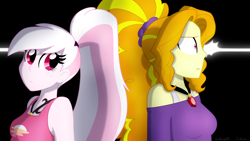 Size: 1280x720 | Tagged: safe, artist:faith-wolff, imported from derpibooru, adagio dazzle, gloriosa daisy, oc, oc:eventide hymn, fanfic:the bridge, equestria girls, disguise, element of generosity, element of honesty, element of kindness, element of laughter, element of loyalty, element of magic, elements of harmony, fanfic art, geode of telekinesis, jewelry, magical geodes, necklace, shocked expression