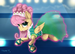 Size: 4500x3250 | Tagged: safe, artist:darksly, imported from derpibooru, fluttershy, pegasus, pony, green isn't your color, blushing, clothes, digital art, dress, female, implied twilight sparkle, levitation, magic, mare, modelshy, offscreen character, scene interpretation, solo, telekinesis