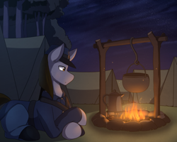 Size: 2500x2000 | Tagged: safe, artist:silverfox057, imported from derpibooru, oc, oc only, oc:rough seas, earth pony, pony, american civil war, campfire, civil war, kettle, night, solo, starry night, tent, tents, tree, union