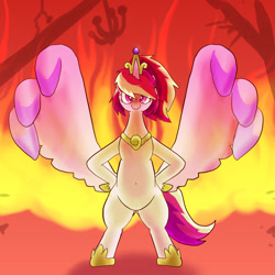 Size: 1000x1000 | Tagged: safe, artist:kushina13, imported from derpibooru, princess cadance, alicorn, pony, bipedal, female, fire, hooves, hooves on hips, looking at you, mare, messy mane, messy tail, oversized wings, solo, wing hands, wings