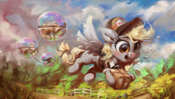 Size: 1920x1080 | Tagged: safe, artist:assasinmonkey, imported from derpibooru, derpy hooves, pegasus, pony, anvil, bubble, cute, derpabetes, derpy physics, digital art, digital painting, female, fence, flying, happy, mailmare, mare, open mouth, package, smiling, solo, spread wings, wings