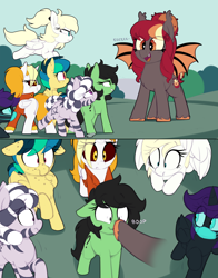 Size: 1764x2252 | Tagged: safe, artist:shinodage, imported from derpibooru, oc, oc only, oc:apogee, oc:corona chan, oc:dyx, oc:filly anon, oc:luftkrieg, oc:nyx, oc:porona, oc:zala, alicorn, bat pony, earth pony, pegasus, pony, zebra, alicorn oc, alternate mane six, bat pony oc, bat wings, boop, coronavirus, covid-19, eeee, face mask, female, filly, filly four, filly four (/mlp/), freckles, horn, mask, non-consensual booping, povid-19, ppe, shocked, shocked expression, surgical mask, this will end in death, this will end in tears, this will end in tears and/or death, wide eyes, wings