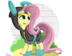 Size: 4096x3154 | Tagged: safe, artist:xxpaw2001xx, imported from derpibooru, fluttershy, pegasus, pony, bunny ears, clothes, costume, cute, dangerous mission outfit, female, goggles, high res, hoodie, mare, shyabetes, solo