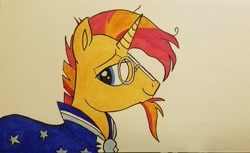 Size: 2048x1252 | Tagged: safe, artist:polar_storm, imported from derpibooru, sunburst, pony, unicorn, blue eyes, cloak, clothes, colored sketch, glasses, male, simple background, smug, solo, stallion, traditional art, white background