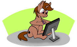 Size: 3900x2400 | Tagged: safe, artist:blazing_beams, derpibooru exclusive, imported from derpibooru, oc, oc only, oc:coffee, pony, unicorn, drawing, male, monitor, simple background, sitting, solo, stallion, transparent background