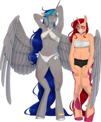 Size: 2240x2715 | Tagged: safe, artist:rubyflank, artist:techno-universal, imported from derpibooru, oc, oc only, oc:ruby flank, oc:techno universal, alicorn, anthro, unguligrade anthro, unicorn, alicorn oc, anthro oc, armpits, bikini, bikini bottom, bocas top, boyshorts, clothes, duo, ear piercing, earring, female, glasses, high res, horn, jewelry, mare, panties, piercing, simple background, swimsuit, transparent background, underwear