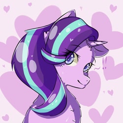 Size: 1024x1024 | Tagged: safe, artist:starlight_2893, imported from derpibooru, starlight glimmer, pony, unicorn, cheek fluff, chest fluff, cute, exclamation point, female, glimmerbetes, heart, looking at you, looking back, pink background, simple background, smiling, solo